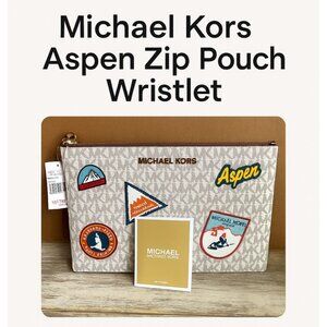 Michael Kors Aspen XL Wristlet MK Vanilla Ski Patch Zip Clutch NWT